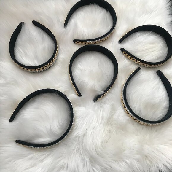 J. ELISE BOUTIQUE NEW TRENDY VELVET Black Gold Chain Pearl Fashion Headband - Picture 7 of 8